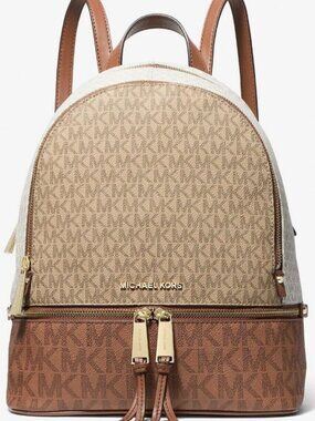 NWT Michael Kors Rhea Medium Color-Block Signature Logo Backpack Camel Multi